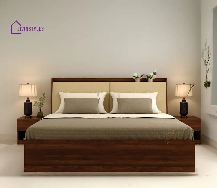 Apeksha Engineered Wood Bed with Upholstered Headboard and Spacious Box Storage - King Size and Queen Size