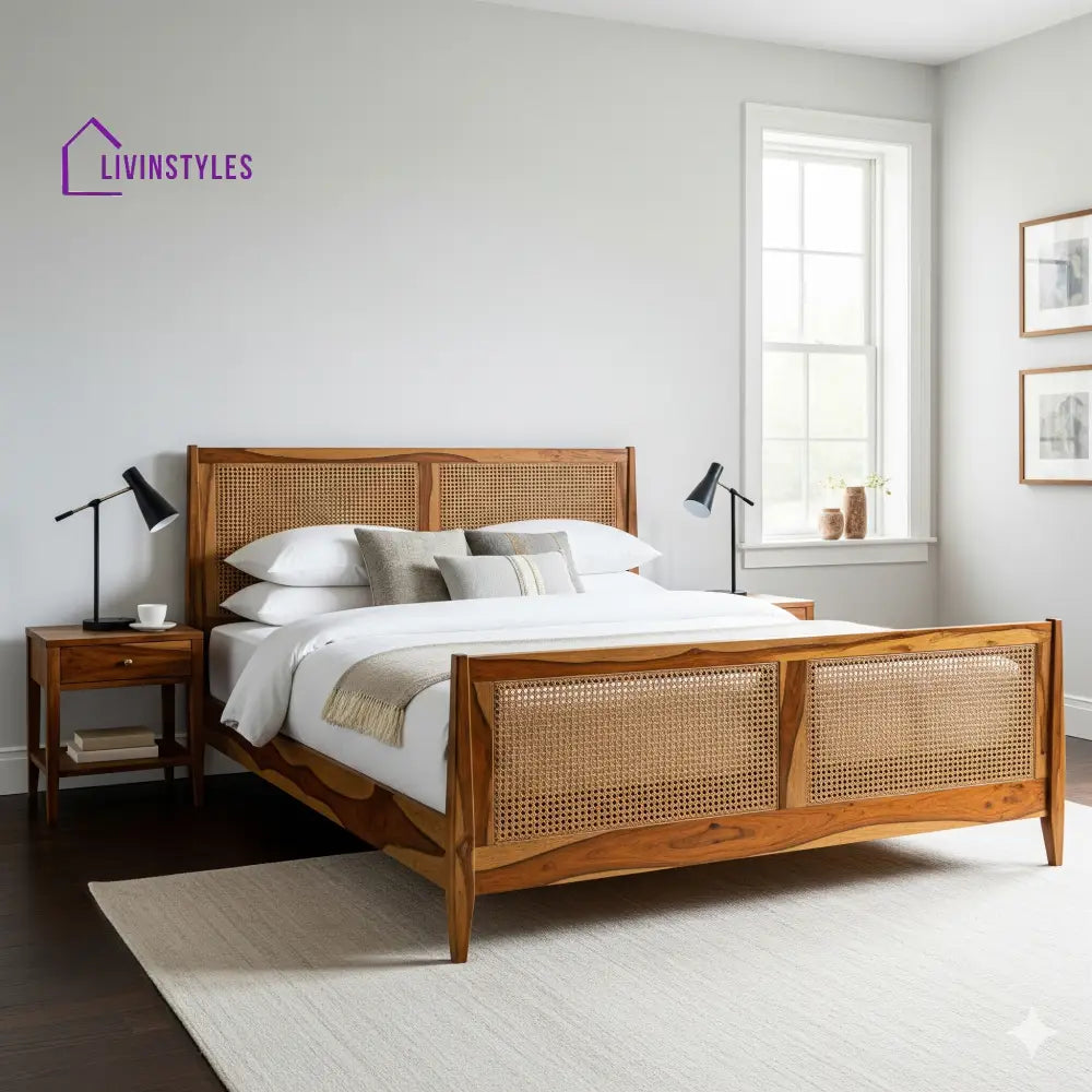 Apeksha Sheesham Wood & Cane Bed – Honey Finish