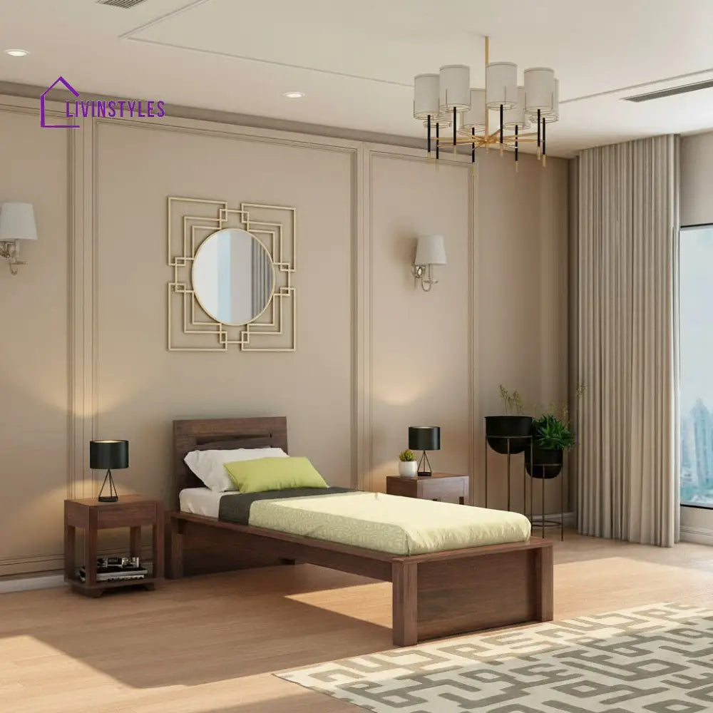 Aranza Solid Sheesham Wood Single Bed Without Storage (Walnut Finish) Bed