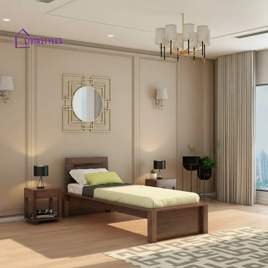 Aranza Solid Sheesham Wood Single Bed Without Storage (Walnut Finish) Bed