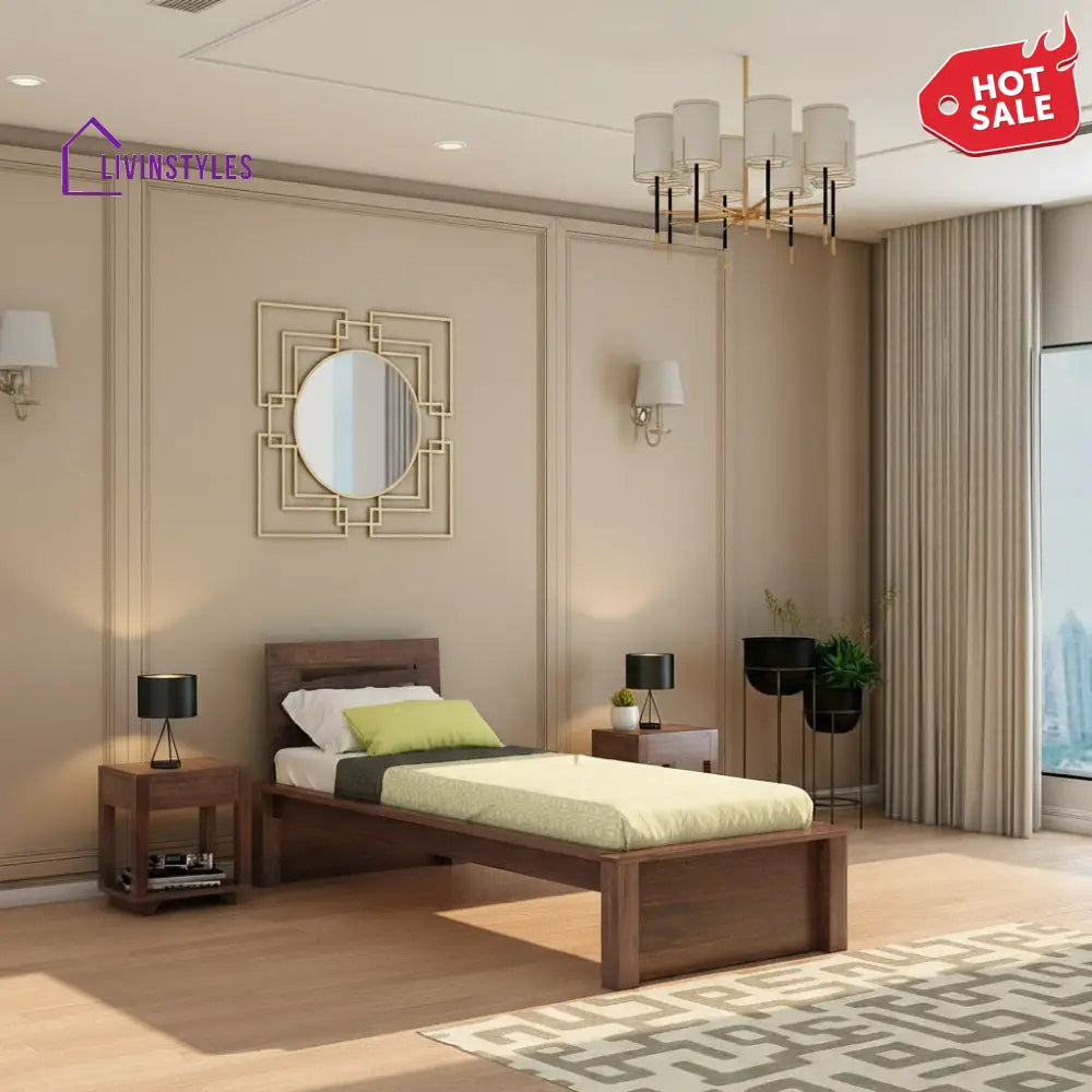 Aranza Solid Sheesham Wood Single Bed Without Storage (Walnut Finish) Bed