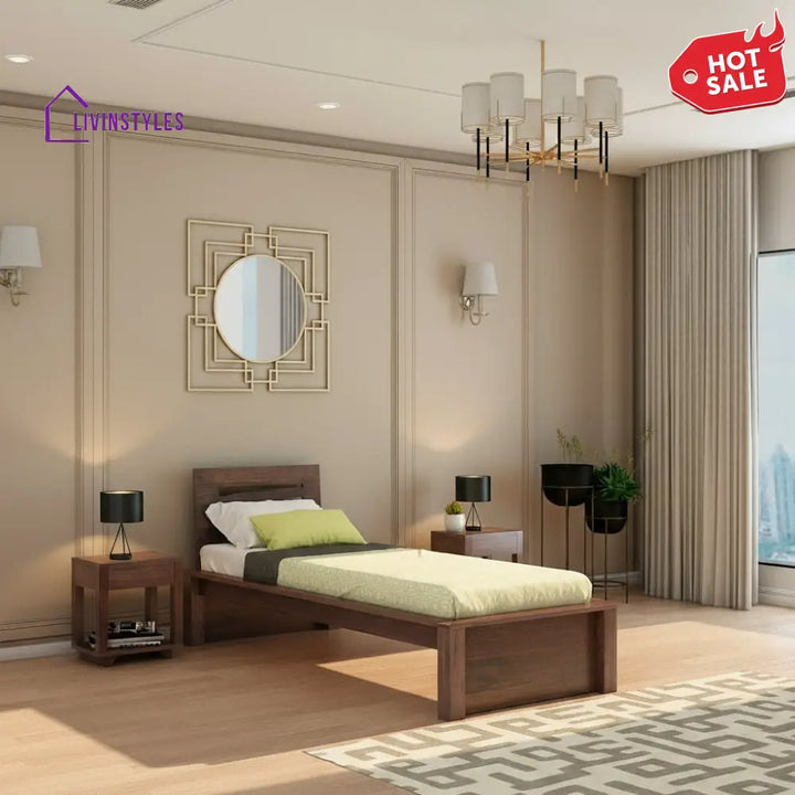 Aranza Solid Sheesham Wood Single Bed Without Storage (Walnut Finish) Bed