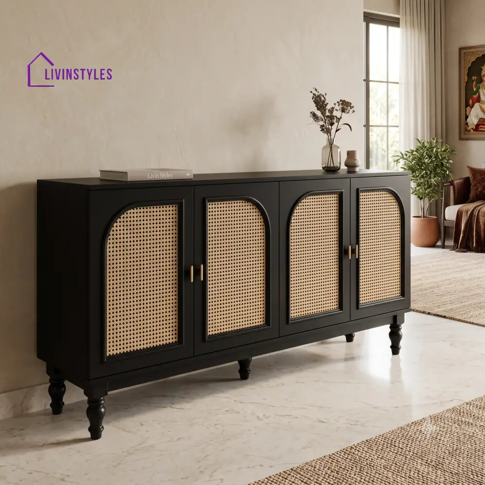 Archana Solid Wood Sideboard and Cabinet in Black Finish