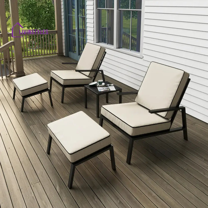 Archie Outdoor Patio Seating Set 2 Chairs 2 Ottoman and Table Set (Cream) - Coffee Table Sets