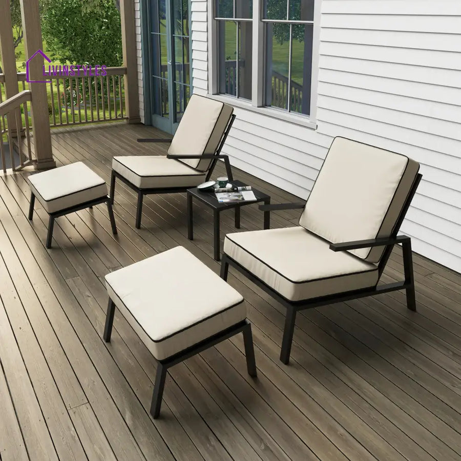 Archie Outdoor Patio Seating Set 2 Chairs 2 Ottoman and Table Set (Cream) - Coffee Table Sets