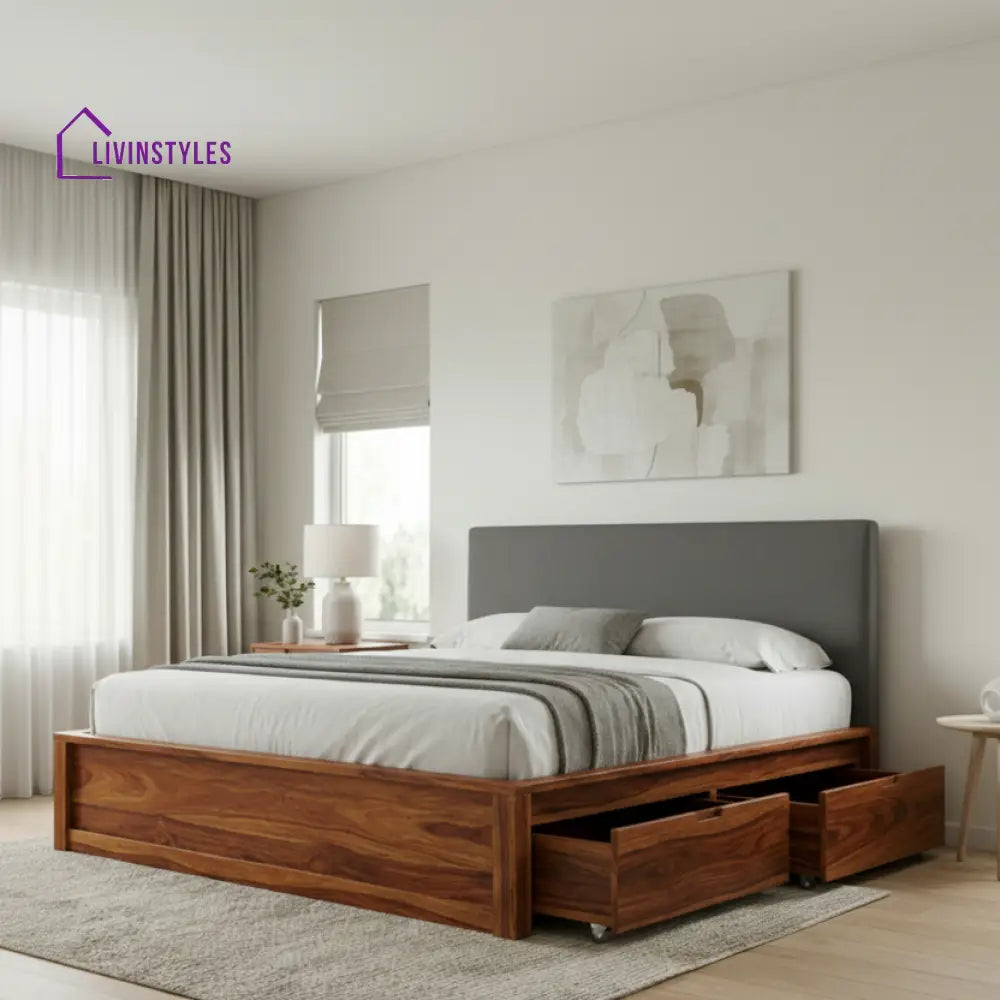 Archie Premium Sheesham Wood Bed with Upholstered Headboard