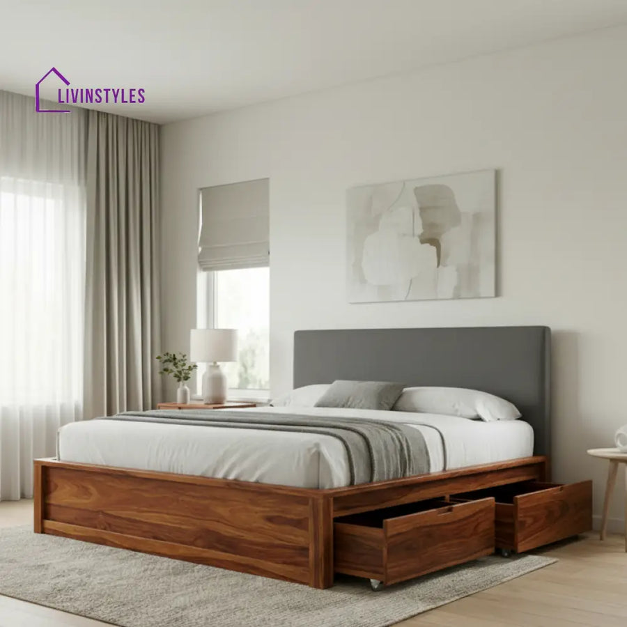 Archie Premium Sheesham Wood Bed with Upholstered Headboard