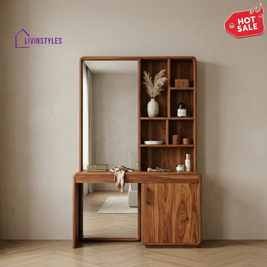 Archie Sheesham Wood Dressing Table with Mirror and Storage (Honey Finish)