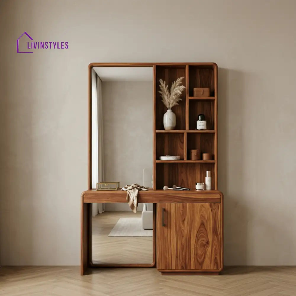 Archie Sheesham Wood Dressing Table with Mirror and Storage (Honey Finish)