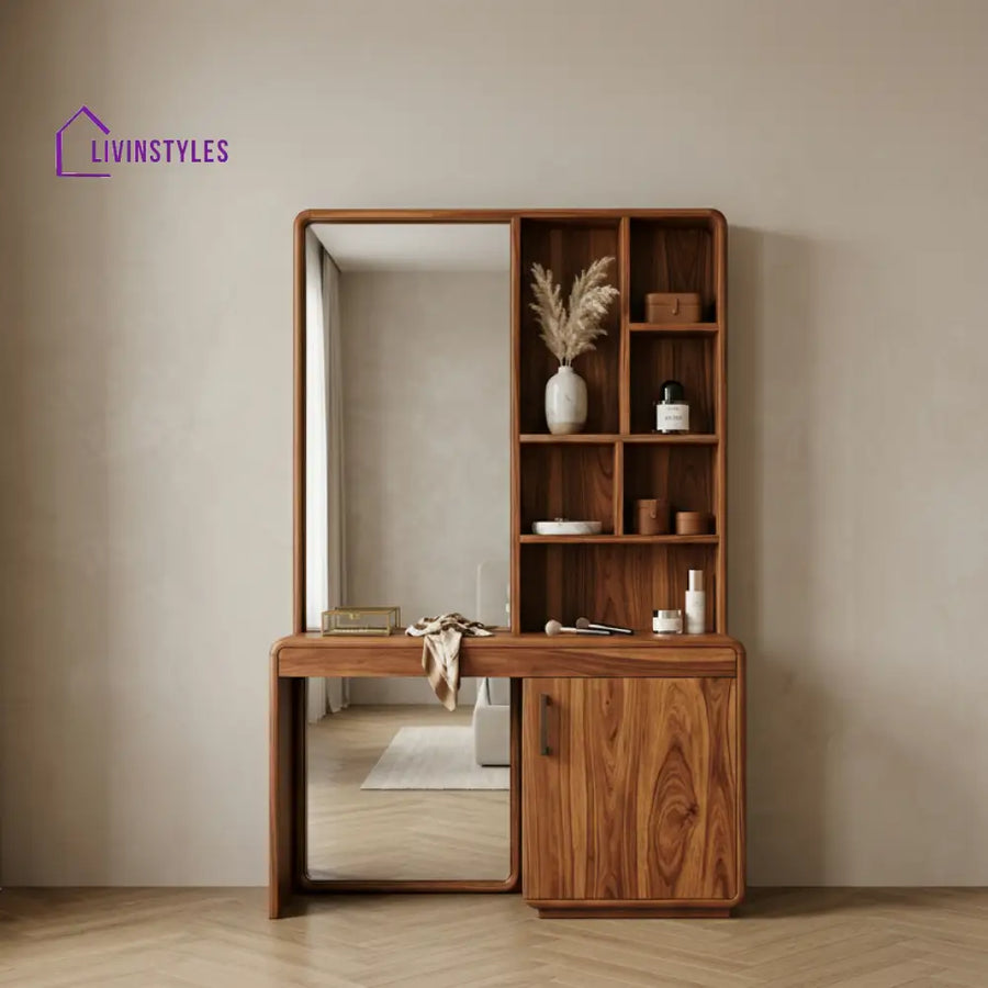 Archie Sheesham Wood Dressing Table with Mirror and Storage (Honey Finish)