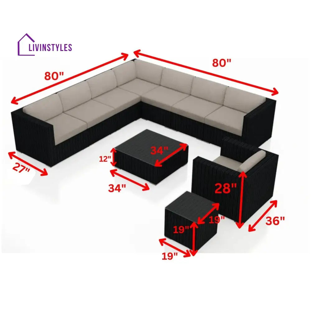 Arena Outdoor Sofa Set 7 Seater Single seater and 1 Center Table With 1 Side Table Set (Black) - Sofa Sets