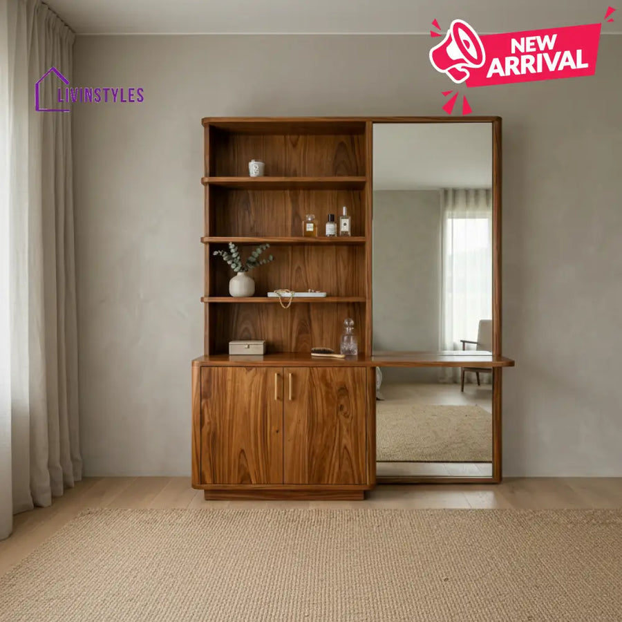 Aria Sheesham Wood Dressing Table with Mirror and Storage (Honey Finish)