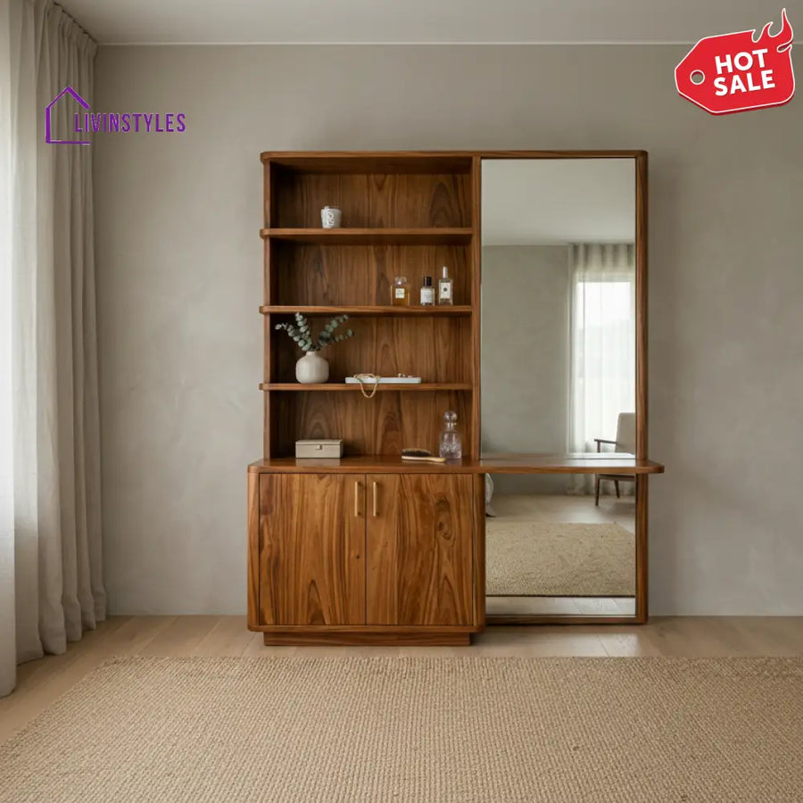 Aria Sheesham Wood Dressing Table with Mirror and Storage (Honey Finish)
