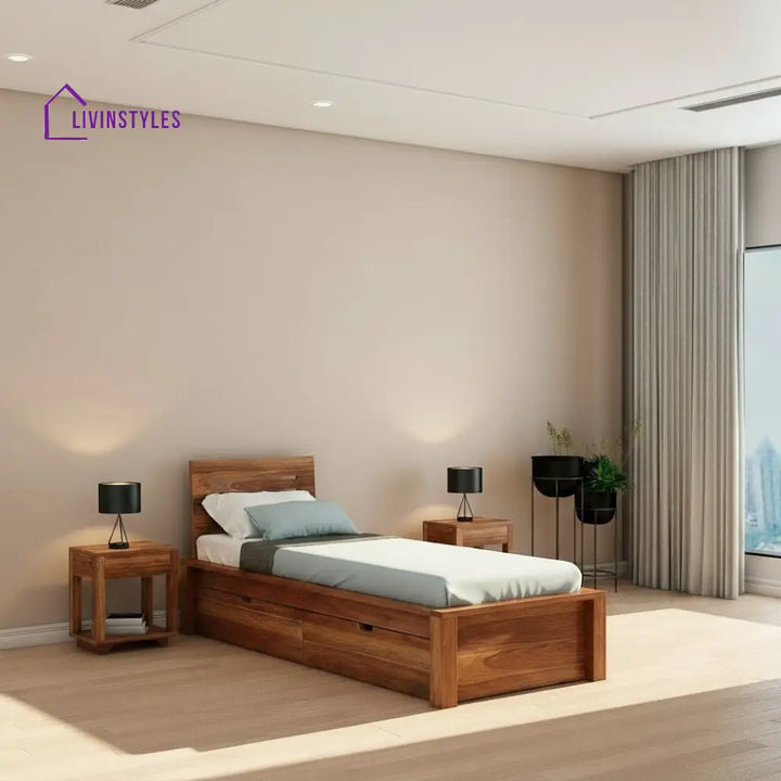 Ariana Solid Sheesham Wood Single Bed With Two Drawers (Natural Finish) Bed