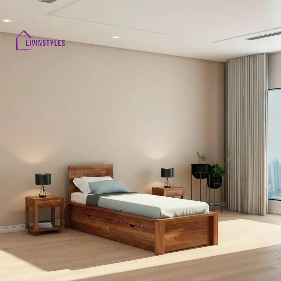 Ariana Solid Sheesham Wood Single Bed With Two Drawers (Natural Finish) Bed