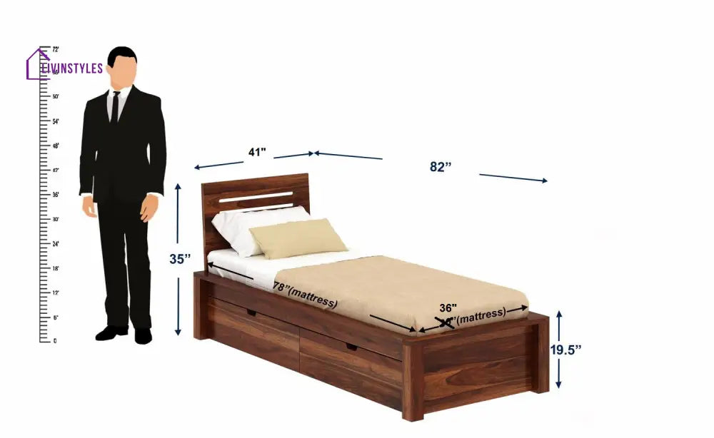 Ariana Solid Sheesham Wood Single Bed With Two Drawers (Natural Finish) Bed