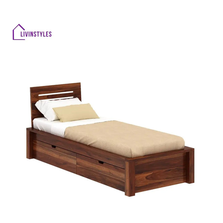 Ariana Solid Sheesham Wood Single Bed With Two Drawers (Natural Finish) Bed