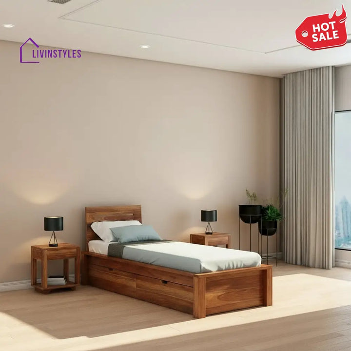 Ariana Solid Sheesham Wood Single Bed With Two Drawers (Natural Finish) Bed