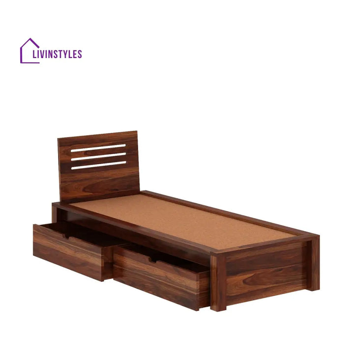 Ariana Solid Sheesham Wood Single Bed With Two Drawers (Natural Finish) Bed