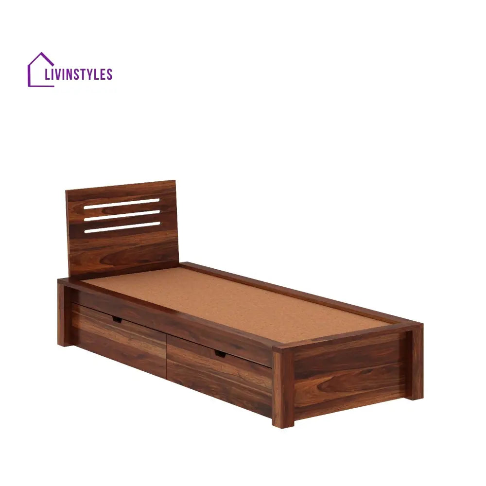Ariana Solid Sheesham Wood Single Bed With Two Drawers (Natural Finish) Bed