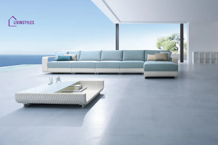 Aris Outdoor Garden Balcony Sofa Set 5 Seater,1 Center Table With 1 Ottoman Set (White + Sky Blue) - Sofa Sets