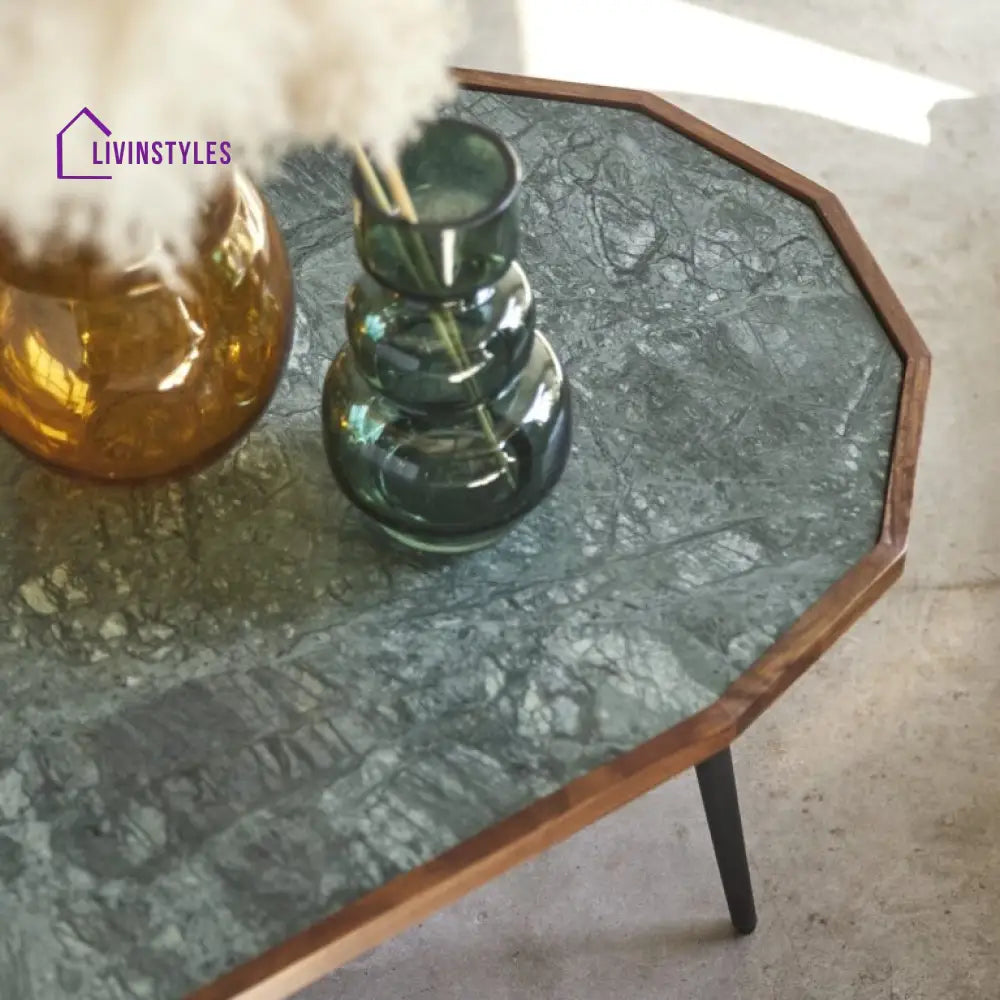 Arjun Oval Coffee Table – Sheesham Wood Frame Green Marble Top Iron Legs (Marble Top Oval W120 D60 H35 cm) Coffee Table