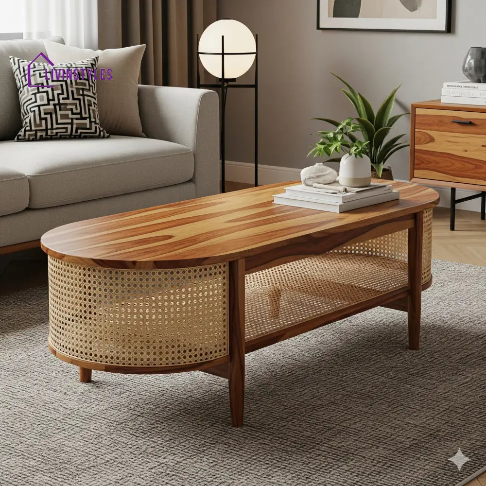 Arjun Sheesham Wood & Cane Coffee Table for Living Room – Honey Finish