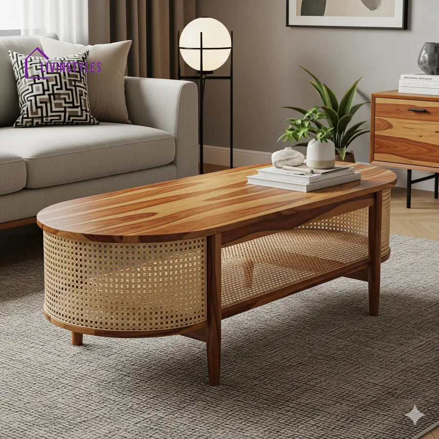 Arjun Sheesham Wood & Cane Coffee Table for Living Room – Honey Finish