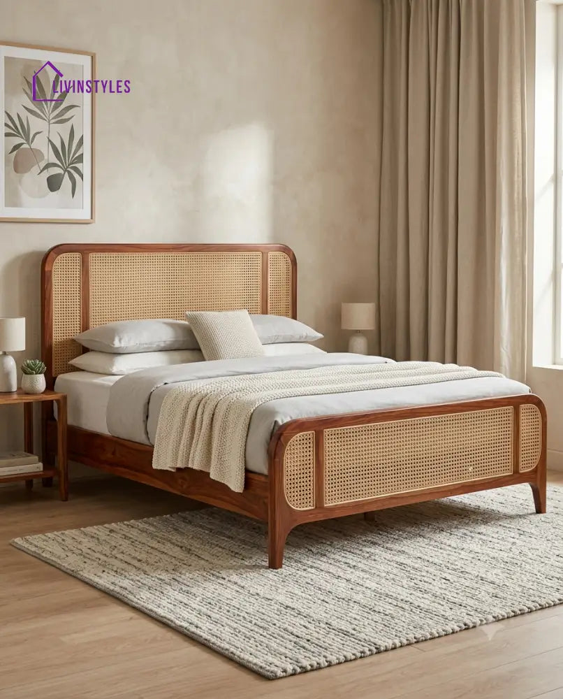 Arjun Wooden Bed with Cane Weaving Headboard Design | Bed without Storage