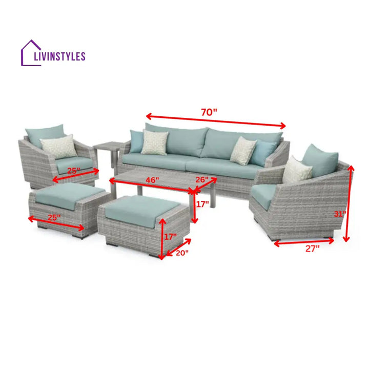 Arlons Outdoor Garden Balcony Sofa Set 3 Seater 2 Single seater 2 Ottoman and 1 Center Table Conversation Set (Silver