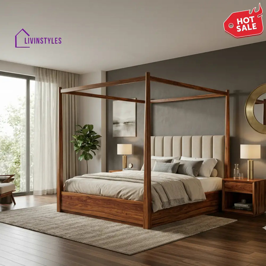 Arohanui Sheesham Wood Poster Bed With Storage