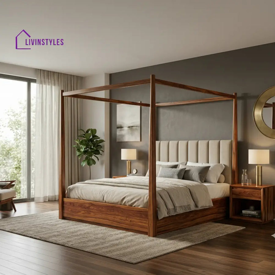 Arohanui Sheesham Wood Poster Bed With Storage