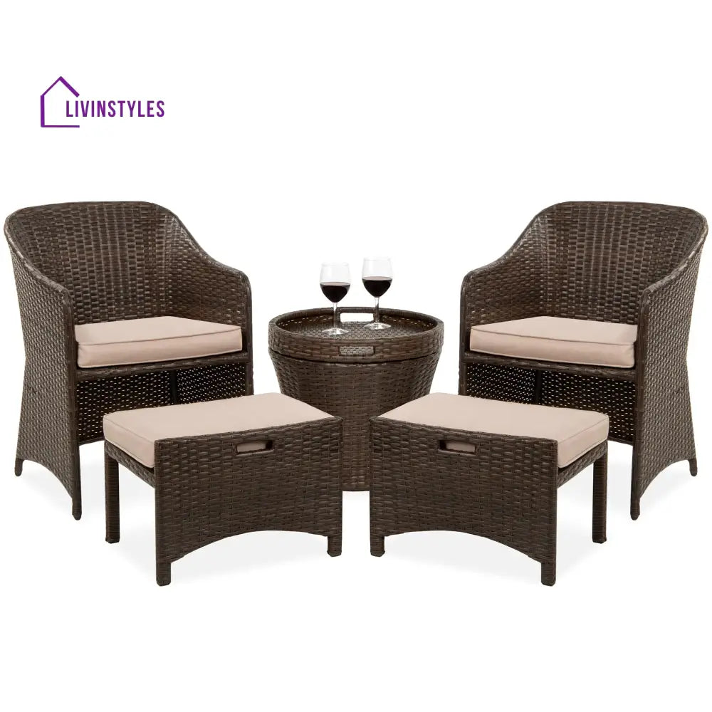 Arokya Outdoor Patio Seating Set 2 Chairs 2 Ottoman and Table Set (Brown) - Coffee Table Sets