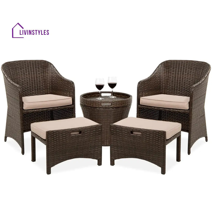 Arokya Outdoor Patio Seating Set 2 Chairs 2 Ottoman and Table Set (Brown) - Coffee Table Sets