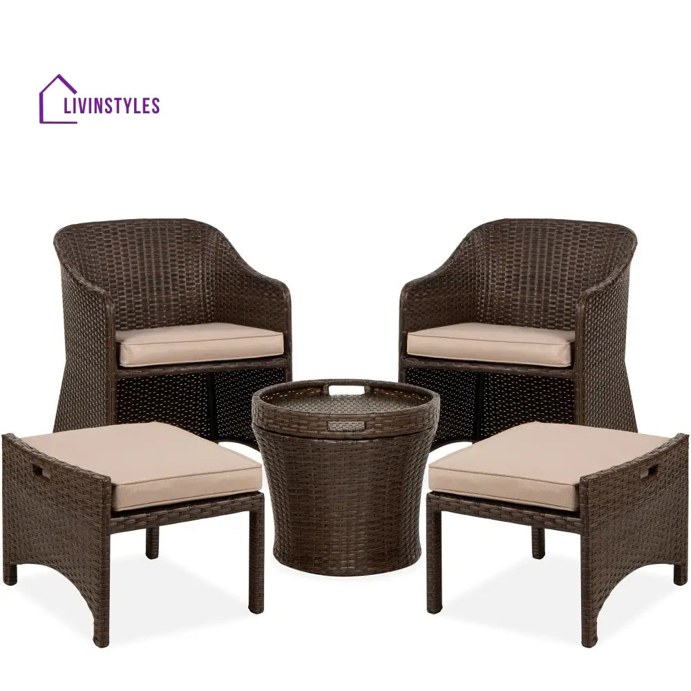 Arokya Outdoor Patio Seating Set 2 Chairs 2 Ottoman and Table Set (Brown) - Coffee Table Sets