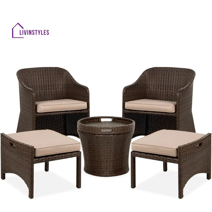 Arokya Outdoor Patio Seating Set 2 Chairs 2 Ottoman and Table Set (Brown) - Coffee Table Sets
