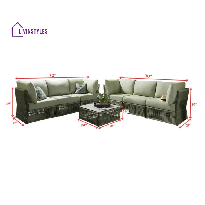 Arsenio Outdoor Sofa Set 6 Seater and 1 Center Table Set (Green) Braided & Rope - Sofa Sets