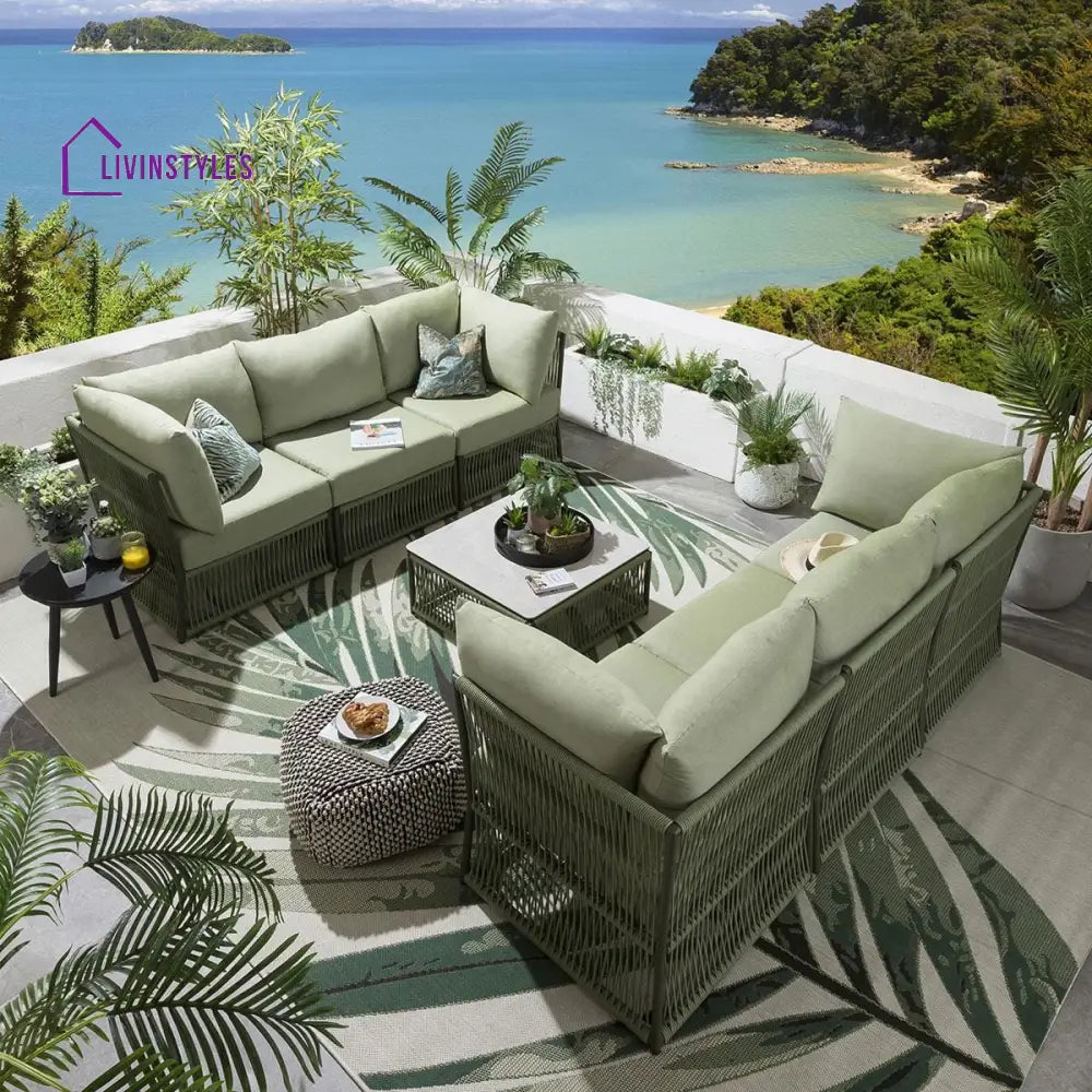 Arsenio Outdoor Sofa Set 6 Seater and 1 Center Table Set (Green) Braided & Rope - Sofa Sets