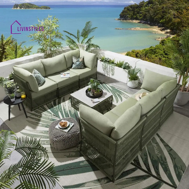 Arsenio Outdoor Sofa Set 6 Seater and 1 Center Table Set (Green) Braided & Rope - Sofa Sets