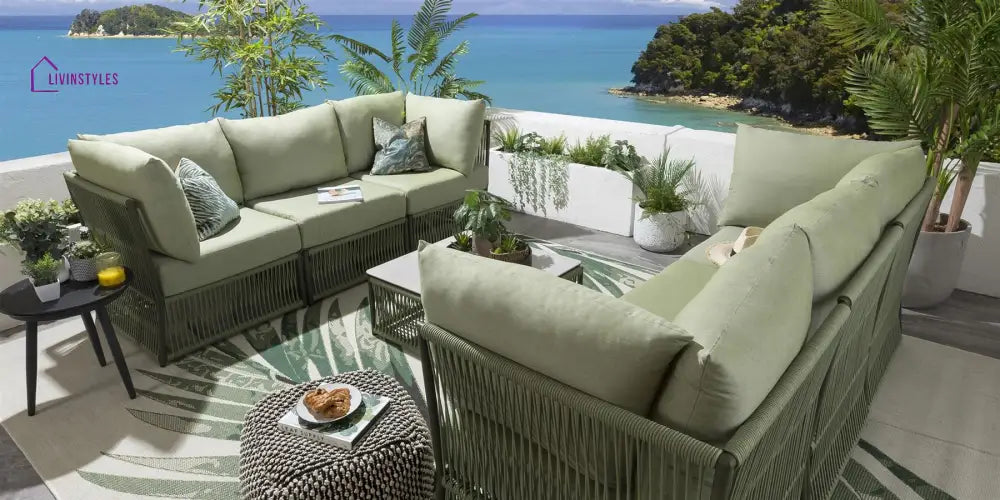 Arsenio Outdoor Sofa Set 6 Seater and 1 Center Table Set (Green) Braided & Rope - Sofa Sets