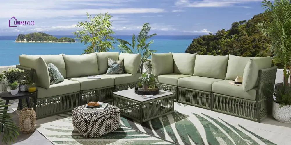 Arsenio Outdoor Sofa Set 6 Seater and 1 Center Table Set (Green) Braided & Rope - Sofa Sets