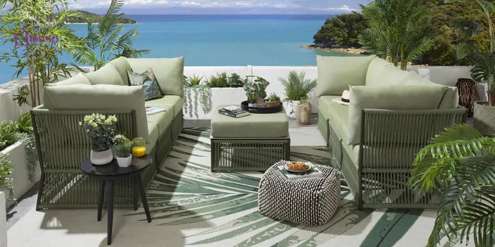 Arsenio Outdoor Sofa Set 6 Seater and 1 Center Table Set (Green) Braided & Rope - Sofa Sets