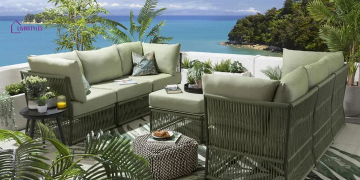 Arsenio Outdoor Sofa Set 6 Seater and 1 Center Table Set (Green) Braided & Rope - Sofa Sets