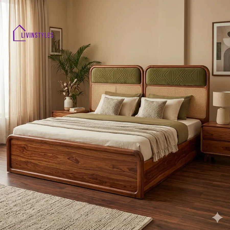 Artem Premium Sheesham Wood Bed with Velvet Headboard