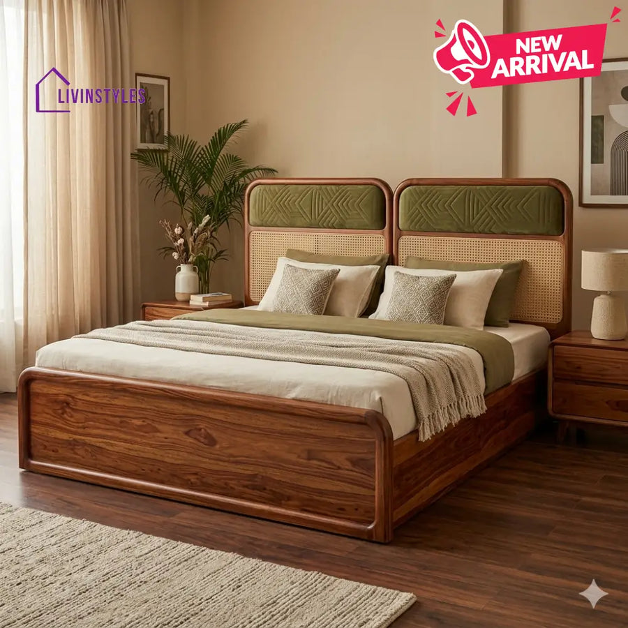 Artem Premium Sheesham Wood Bed with Velvet Headboard