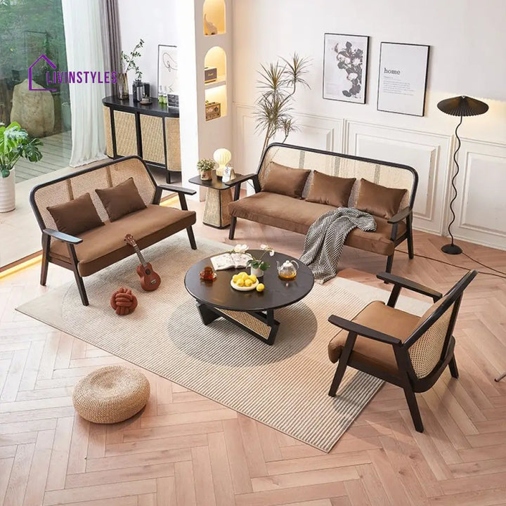 Artem Solid Wood and Cane Weaving Sofa Set for Living Room 3 + 2 + 1 Set