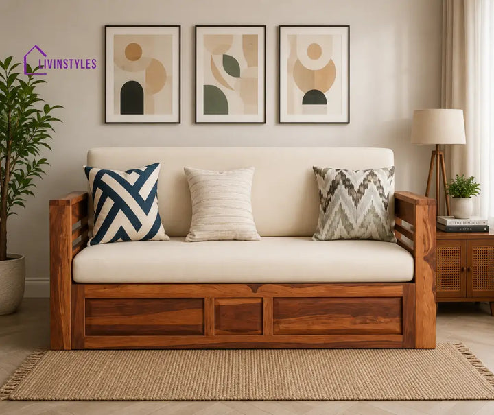 Artem Solid Wood Sheesham Sofa Cum Bed | Solid Wood Sofa Come Bed (Honey Finish)