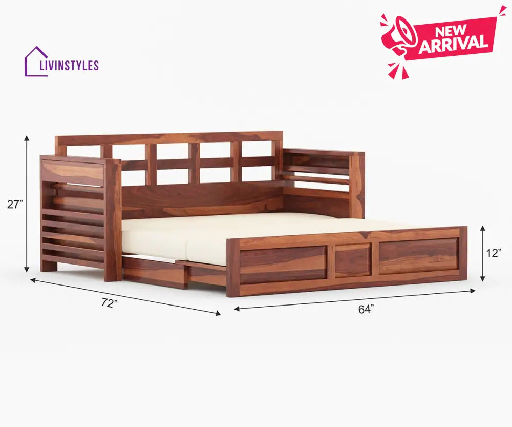 Artem Solid Wood Sheesham Sofa Cum Bed | Solid Wood Sofa Come Bed (Honey Finish)