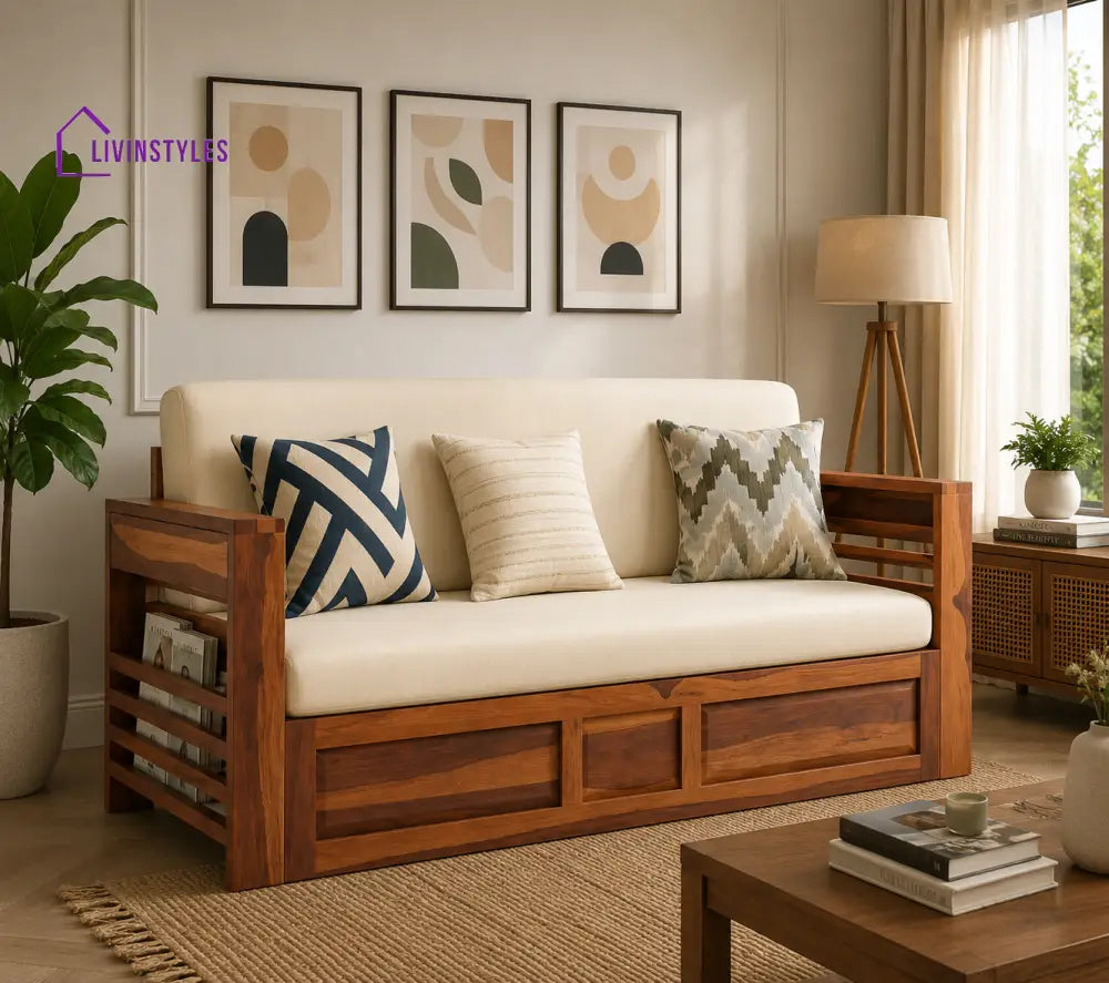 Artem Solid Wood Sheesham Sofa Cum Bed | Solid Wood Sofa Come Bed (Honey Finish)