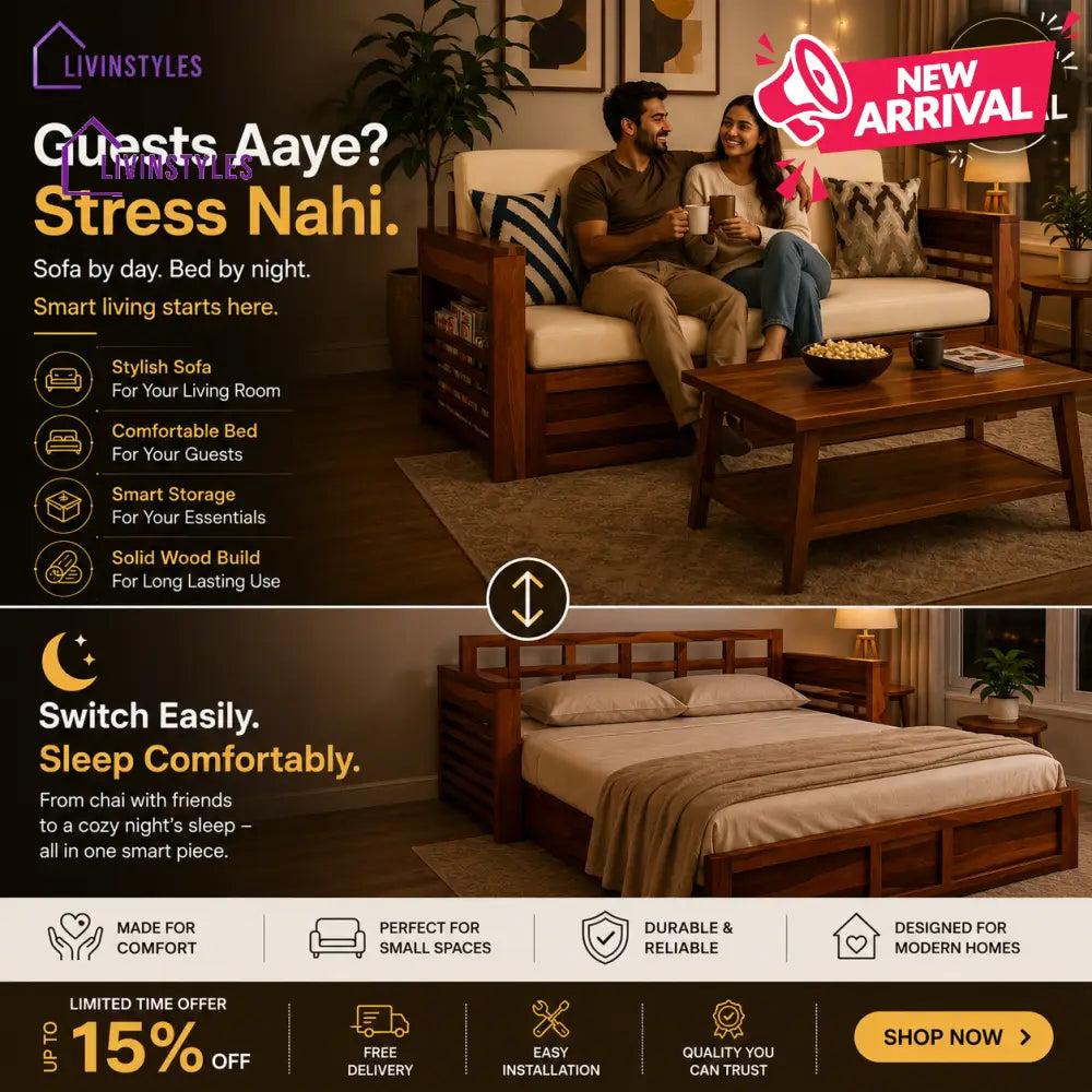 Artem Solid Wood Sheesham Sofa Cum Bed | Solid Wood Sofa Come Bed (Honey Finish)